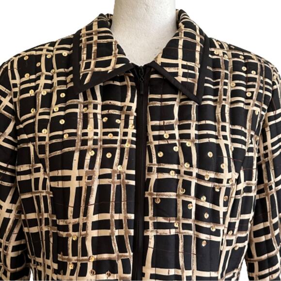 Carole Little Jacket Silk Quilted Black Tan Gold Sequin Bling Zip Front Large - Picture 3 of 11